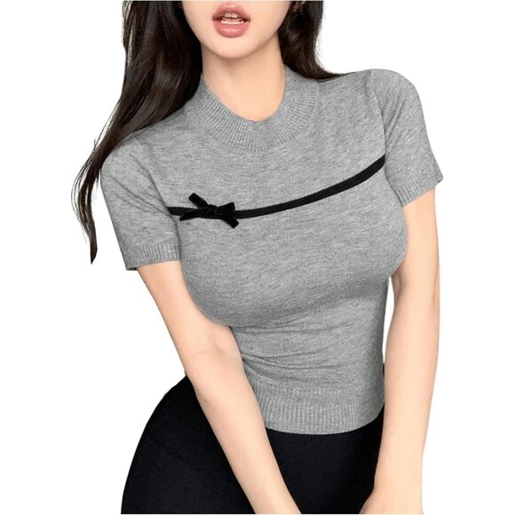 GORGLITTER Women's Grey Sleeve Crewneck Knit Pullover Top - Picture 1 of 6